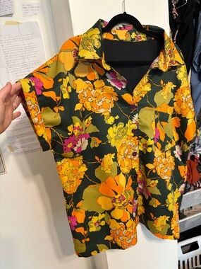 Vibrant Floral ‘Button-Up’ Top in Green, homemade with recycled fabric, size 18